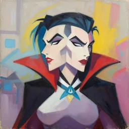greg manchess portrait painting of vampirella as overwatch character, medium shot, asymmetrical, profile picture, organic painting, sunny day, matte painting, bold shapes, hard edges, street art, trending on artstation, by huang guangjian and gil elvgren and sachin teng