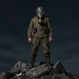 portrait of futuristic world war 1 russian flamethrower soldier with gp - 5 gas mask, on top of a giant debris pile, dark night background, moody colors, high details, dripping paint, greg rutkowski, craig mullins, ash thorpe, fibonacci rhythm ar