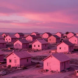 village, houses with faces, sunset atmosphere, pink, low contrast, naive, detailed, photorealistic imagery