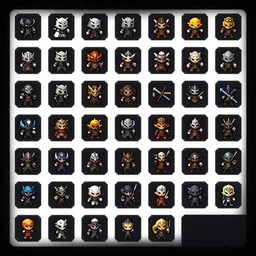 an icon grid of inventory items, artstation, rpg, digital art, isometric, dark background, dark souls, the witcher 3, crusader kings, skyrim, pixel art, #pixelart