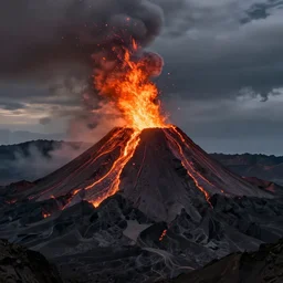 landscape photography of an erupting volcano, dramatic lighting, majestic