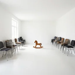a photo of a brightly lit spacious studio, with stacks of chairs around the walls of the room, rocking horse in the middle, extra - wide angle shot