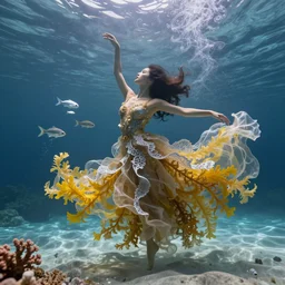 woman dancing underwater wearing a long flowing dress made of many translucent layers of gold and silver lace seaweed, bolts of bright yellow fish, delicate coral sea bottom, swirling silver fish, swirling smoke shapes, unreal engine, caustics lighting from above, cinematic, hyperdetailed