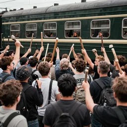a lot of aggressive a crowd of people, holding sticks and stones, against the background of a dark green train, greg rutkowski