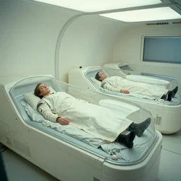 a wide shot of Ripley sleeping inside an all-white room of cryogenic sleeping pods with glass covers by Ridley Scott, Alien movie, grainy, bluish and cream tones