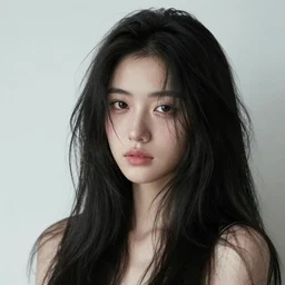 young woman with messy long black hair, 1 3 5 mm nikon portrait