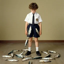 a boy with curly curtained hair in school uniform with loads of fish streaming out of his shorts all over the floor, in the style of norman rockwell, hyperreal 8 k