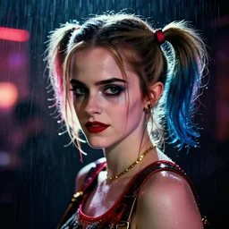 emma watson closeup headshot of seductive harley quinn in the rain, bladerunner, backlit, night club, futurepunk, gta v, pinup, nagel, arney freytag, dark moody, cinematic, greg rutkowski, octane!