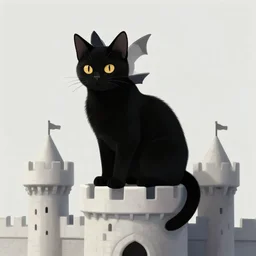 a all black cat sitting on top of a castle, demon cat, style of kentaro miura!!!!, black and white, finely detailed
