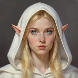 a head - on detailed oil portrait of a distinguished elf woman wearing a white hood, long blonde hairs and bright irises, by charlie bowater, lise deharme, wlopi, trending on artstation, dungeon and dragons art, l critical role