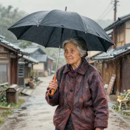 old lady with her umbrella in rustic japanese village, raining, paint by hiromu arakawa, hyperdetailed, artstation, cgsociety, 8 k