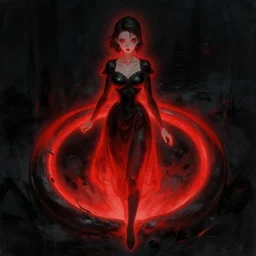 the girl from the ring, in the style of beksinski, red, black, glowing, vibrant, chiaroscuro, high detail, perfect artwork, clean lines