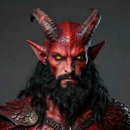 dnd portrait of a tiefling, male, red scales, a big black beard, completely golden eyes, 2 curved horns growing out of his forehead,