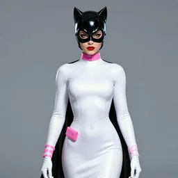 picture of pretty catwoman from dc comics, skintight white dress, pink accessories, white skin, pink hair, alluring, high fantasy, dnd, highly detailed, by rossdraws, artgerm, borderlands 3, anime quality