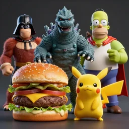 hamburger godzilla yoda donkey kong pikachu yeti shrek super robot homer groot waluigi darth vader mike wazowski, highly detailed, extremely high quality, hd, 4 k, 8 k, professional photographer, 4 0 mp, lifelike, top - rated, award winning, cinematic, realistic, detailed lighting, detailed shadows, sharp, no blur, edited, corrected, trending