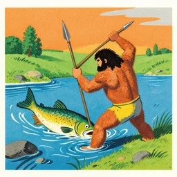 grainy risograph, painting of a prehistoric hairy caveman hunting large fish with spear in river, vivid colors, by moebius and lehr paul and kim jung gi