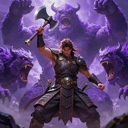defiant warrior with axe raised in battle against enormous purple monster with multiple heads and fangs, trending on artstation, digital art ( by brad rigney ) ( by greg rutkowski ) ( by artur treffner )