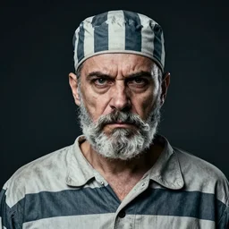 portrait of a prisoner, 7 0 yo with white beard, angry look, dark background, studio light, hdr, nikon 3 5 mm f / 1. 8 g, by sebastiao salgado
