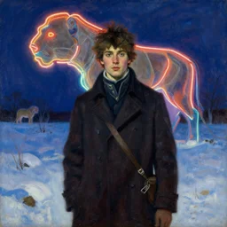 winter, attractive male, neon light, africa, painting by gaston bussiere, craig mullins, j. c. leyendecker