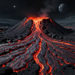 a volcanic lava mountain terrain on an alien world, matte painting, dynamic lighting, cel shading, trending on artstation