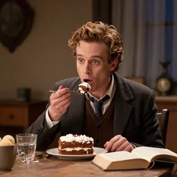 a scene from the book A Series of Unfortunate Events where Olaf is eating cake by American author Daniel Handler