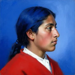 profile portrait in peruvian realist style ( 1 9 5 4 ), ultramarine blue, venetian red, titanium white, modeled lighting, detailed, expressive, shadows