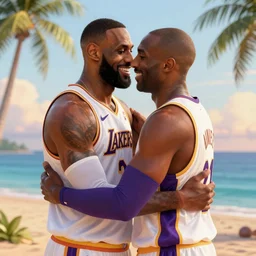 lebron james and kobe bryant hugging at golden hour, tropical beach, digital art, octane render, love, friendship