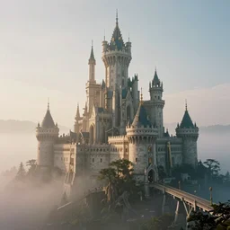 a highly detailed photo of a post - future castle surrounded by a mist shot at sunrise on 3 0 mm film painted by alena aenami, rendered in unreal engine