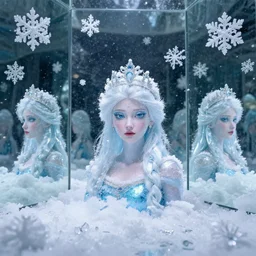 surreal photography snowflakes with ice princess faces. hall of mirrors effect