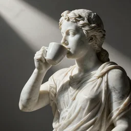 a marble statue drinking coffee