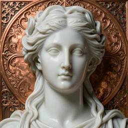 face centered portrait, artwork by james jean, hyperdetailed realistic smooth polished porcelain, beautiful greek queen, jean delville, art nouveau, gustav klimt, ornate copper patina gothic icon, james jean, ultrasharp hyperdetailed photorealistic octane render