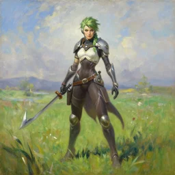 oil painting of goth tracer overwatch in a field of grass, style of ivan aivazovsky, full body