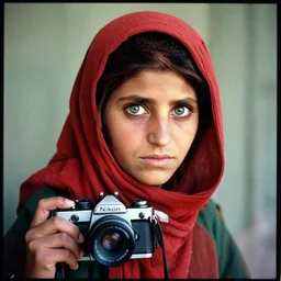 portrait of john adams as afghan girl, green eyes in a red headscarf looking intensely at the camera, taken by steve mccurry, kodachrome 6 4 color slide film, with a nikon fm 2 camera and nikkor 1 0 5 mm ai - s f 2. 5 lens