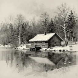 a lake house in winter, loose pencil sketch, sketchy, concept art,
