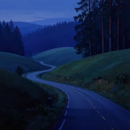 a road weaving through rolling hills from the edge of a fantasy redwood forest at dusk. perspective landscape fantasy. high contrast, strong shadows. deep colorful soft gradients, rich blue tones. by norman rockwell, johfra bosschart, and eyvind earle. artstation