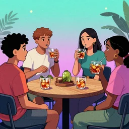 a group of gen z friends sitting around talking about climate change while drinking old fashions, vaporwave cartoon