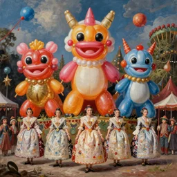 a beautiful painting of a carnival with enormous balloon monsters, by jonas burgert, fallas party figures, realistic colors