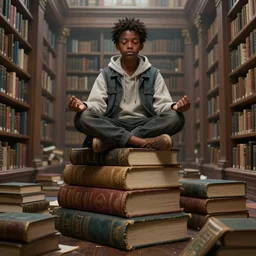 one black teenage sitting lotus style atop a stack of giant books in a grand library, urban clothing, ultra realistic, concept art, intricate, mysterious, highly detailed, digital painting, octane render, 8 k, unreal engine. art by artgerm greg rutkowski charlie bowater magali villeneuve alphonse mucha