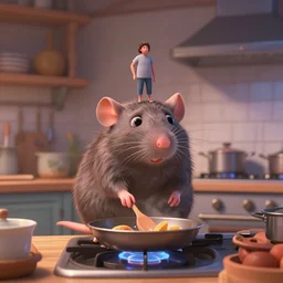 “ very very high quality pixar movie screenshot of a tiny human on top of a gigantic rat cooking in the kitchen, rendered in octane 8 k with detailed cinematic lighting and shading, award - winning crisp details ”