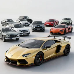 nissan gtr r 3 4, mercedez benz, honda civic, bentley, ferrari, mclaren, mustang, mini cooper, porche, jeep, vintage cars and supra in the shape of lamborghini huracan concept car design, car photography, 4 k, high resolution, highly detailed