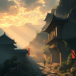 concept art by makoto shinkai, ancient zhou dynasty, street view from mountain, crepuscular rays, epic scene, hyper realistic, photo realistic, overgrowth, cinematic atmosphere, ethereal lighting