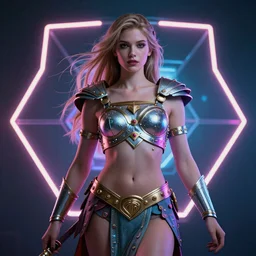 photo of goddes of war  in neon lighting, elegant, highly detailed, smooth, sharp focus, illustration, beautiful, geometric, trending on artstation, cinematic, artwork by Swanland, Raymond