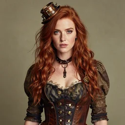 photo of a twenty year old woman in steampunk fashion taken by annie leibovitz, red hair, freckles