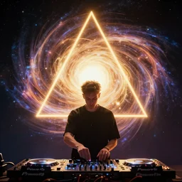 Man djing in front of the universe, digital art, dynamic lighting, hyper detailed, artstation, golden ratio, by Anton Fadeev and greg rutkowski, 4K