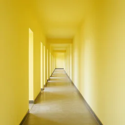 a seemingly endless series of hallways with no natural lighting, led bright yellow - tinted ceiling lighting, simple wallpaper, and a dirty carpet that extends throughout the entire system of hallways