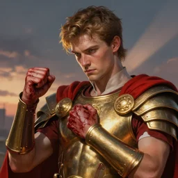 Sam Hyde as a Roman warrior wearing gold and red armor, elegant suit, looking at bloody fist, portrait art by James Jean, highly detailed, digital painting, concept art, illustration, dim lighting with twilight rays of sunlight, trending on artstation, very detailed, smooth, sharp focus, octane render, close up