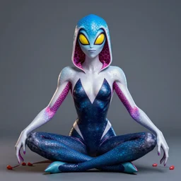 a portrait photograph of a meditating fierce colorful spider gwen antilope super villian girl with slimy amphibian scaled blue skin and yellow eyes. she is wearing a living organic suit. by donato giancola, hans holbein, walton ford, gaston bussiere, peter mohrbacher and brian froud. 8 k, cgsociety, fashion editorial