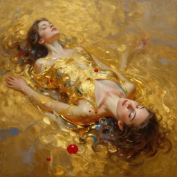 abstract oil matte painting, woman submerged in golden acrylic liquid, red dollops, blue strains, wonderful masterpiece highly detailed, beautiful cinematic light deep focus, elegant, smooth, sharp focus, golden ratio, dramatic illumination, ultra realistic, 8 k, art by kristina alisauskaite and caravaggio