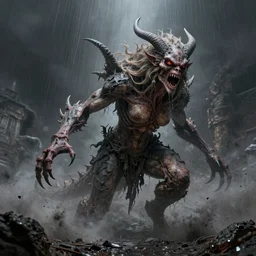 post precisionist lilith the mother of all monsters angry, raining ash, fine art masterpiece, highly detailed dino valls wayne barlowe machiej kuciara, dramatic lighting, long shot, wide angle, uhd 8 k, sharp focus