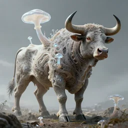 a theriomorphic holobiont, concept art, bull with horns, mycorrhiza, mushroom, translucidluminescence, intricate, kim jung gi, james jean, shaun tan, meridians, organic detail, cinematic, epic wide shot, ultra detailed, sharp focus, smooth, global illumination, photo realistic, 8 k render